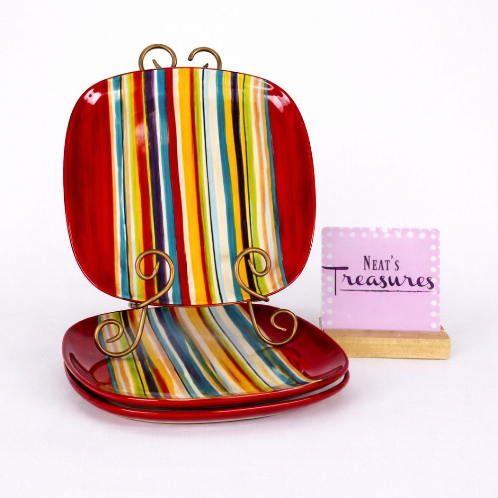 Tabletops WATER COLOR RED White Aqua Stripes Ceramic Square Dinner Plates Set 3